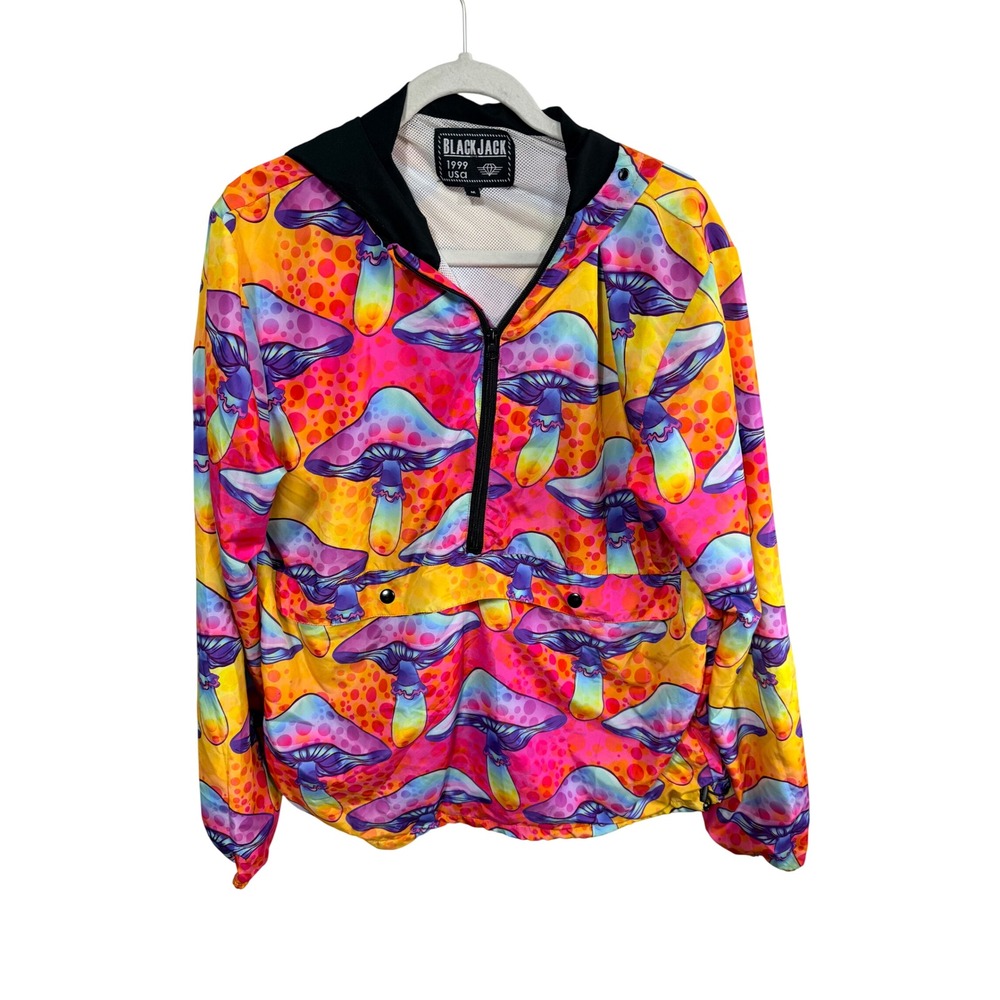 Black Jack Windbreaker Mushroom Psychedelic Trippy Anorak Men's Medium Hooded